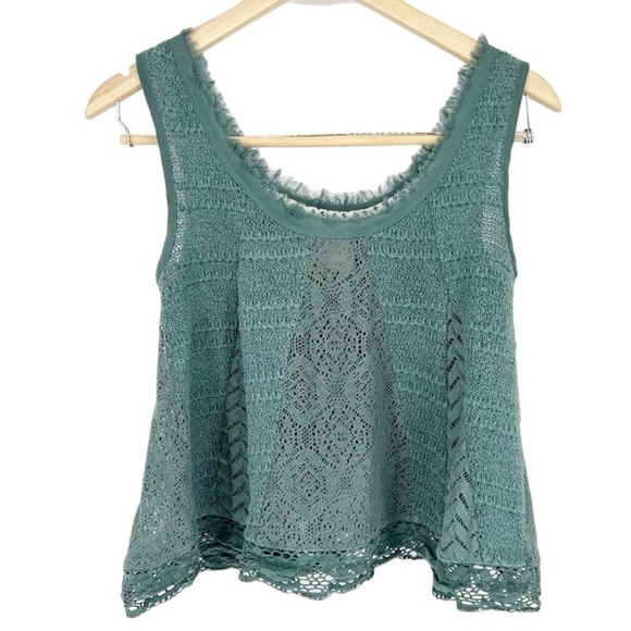 Meadow Rue Anthropologie Green Lace Boho Crochet Fray Tank Top knit Blouse Small - Picture 1 of 11
